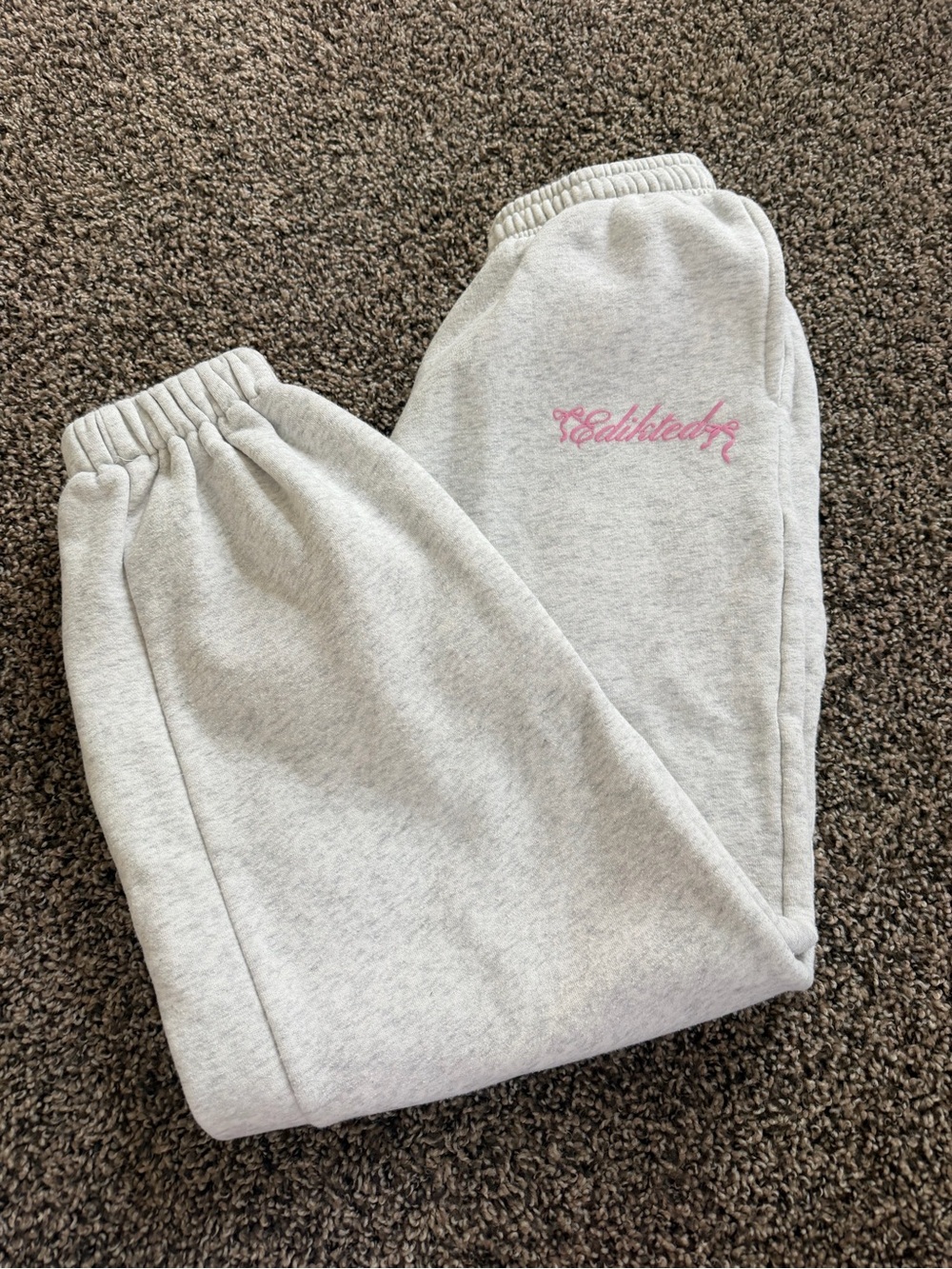 Edikted Light Gray Track Pants with Pink Script Logo